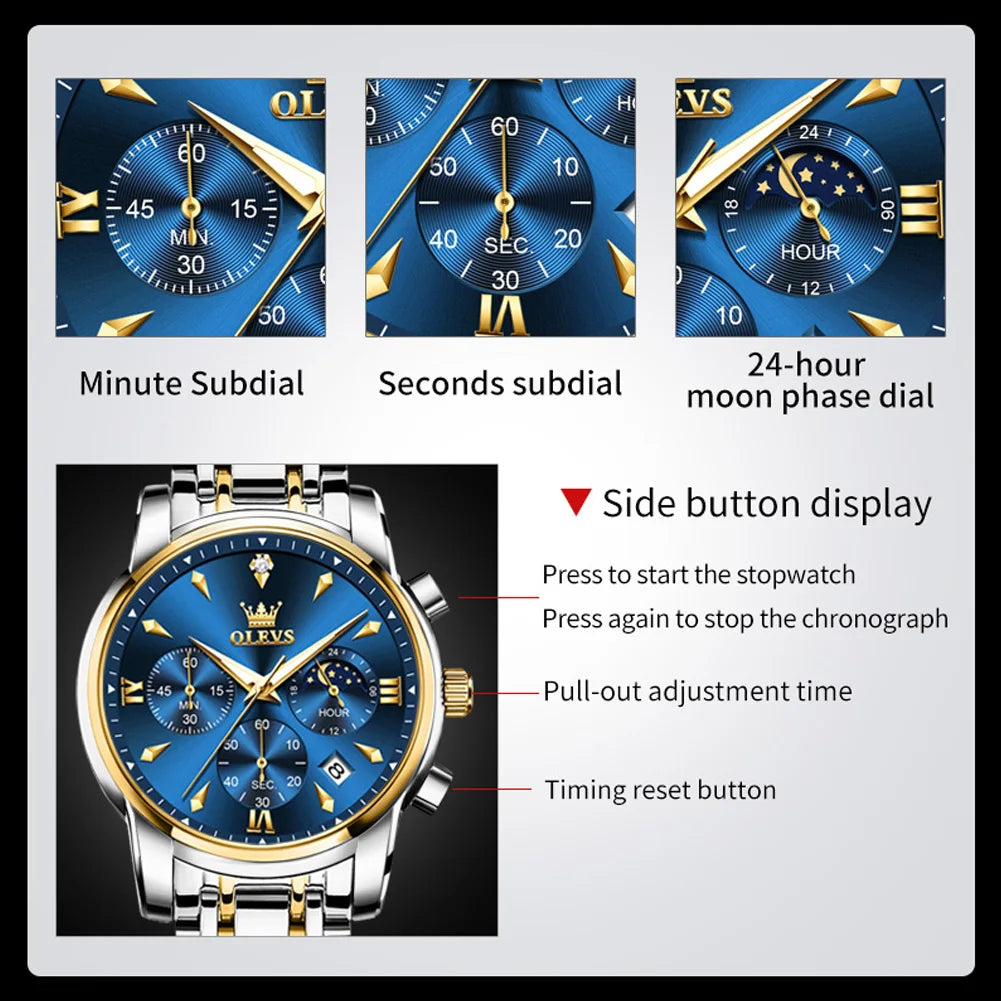 OLEVS 3639 Men’s Luxury Quartz Watch – Stainless Steel, Luminous, Moon Phase”