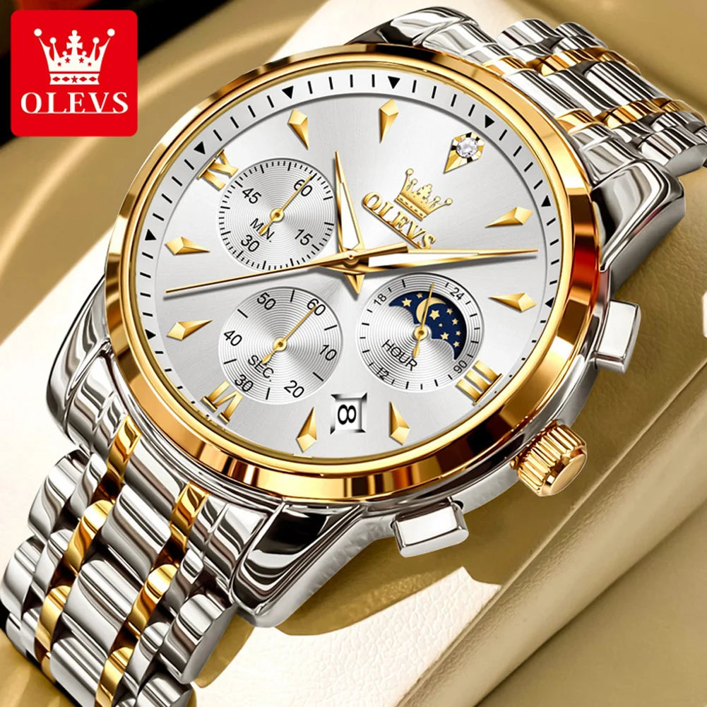 OLEVS 3639 Men’s Luxury Quartz Watch – Stainless Steel, Luminous, Moon Phase”