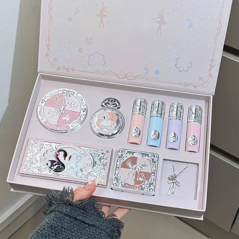 NICEKEY Pink Ballet Complete Makeup Kit (4 Lip Muds, Blush, Powder, Eyeshadow, Contour + Necklace)
