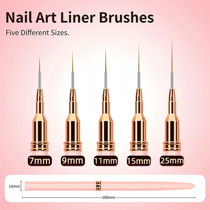 “7/9/11/15/25mm Nail Liner Brush Kit – 5pcs UV Gel Manicure Brushes for French Lines, Flower Art & Detailed Painting”