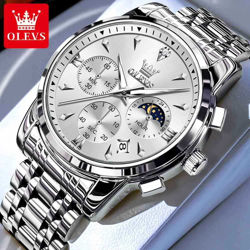 OLEVS 3639 Men’s Luxury Quartz Watch – Stainless Steel, Luminous, Moon Phase”