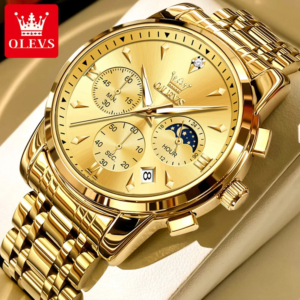 OLEVS 3639 Men’s Luxury Quartz Watch – Stainless Steel, Luminous, Moon Phase”